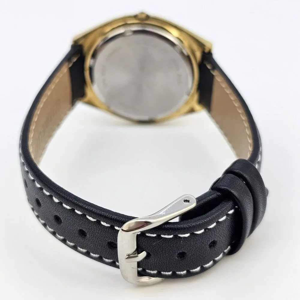 VTG Lorus Men's Watch 36MM Gold Dial DayDate New Black Leather Bands New Battery